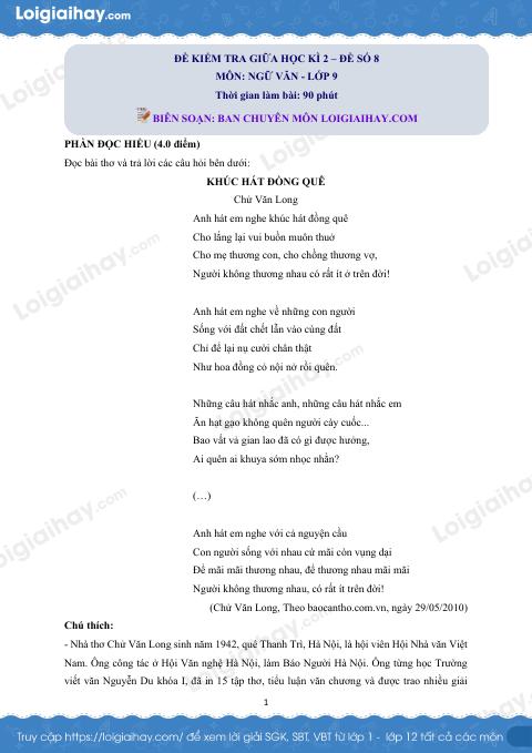 Đề thi giữa kì 2 Văn 9 - Đề số 8